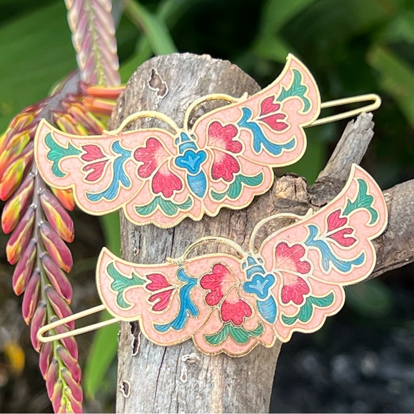Vintage Cloisonné Enamel Butterfly Hair Barrettes – Set of 2
